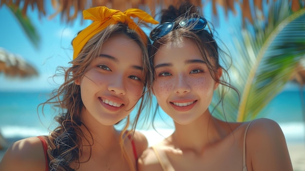 Two Asian girls video call and go on vacation in a foreign country Two beautiful females selfie happy and go on vacation