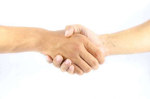 Photo two asian man shake hand on isolated