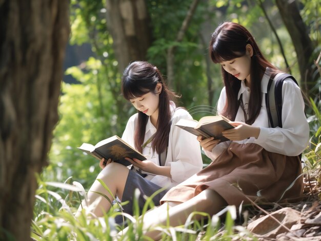 Two Asian Students Reading In The Park