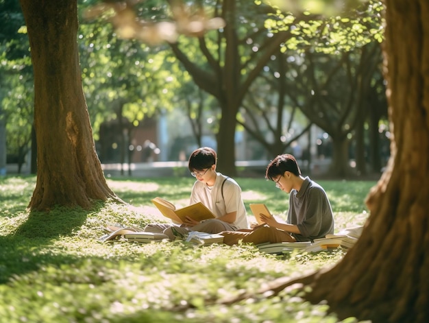 公園で読書をする 2 人のアジア人の学生