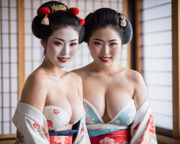 Two asian women in kimono pose for the camera