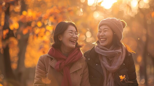 사진 두 명의 아시아 여성 이 공원 에서 웃고 미소 짓고 있다