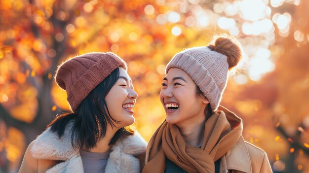 公園で笑って微笑んでいる2人のアジア人女性