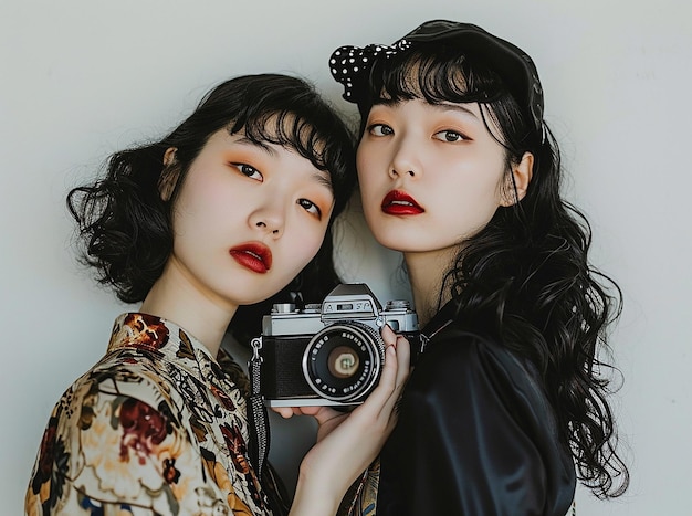 Foto due donne asiatiche in posa con la fotocamera davanti