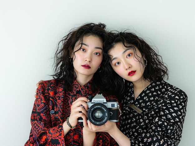 카메라 앞에서 포즈를 취하는 두 명의 아시아 여성