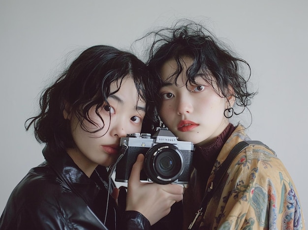 카메라 앞에서 포즈를 취하는 두 명의 아시아 여성