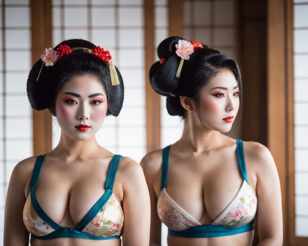 Two asian women wearing geisha outfits in front of a mirror