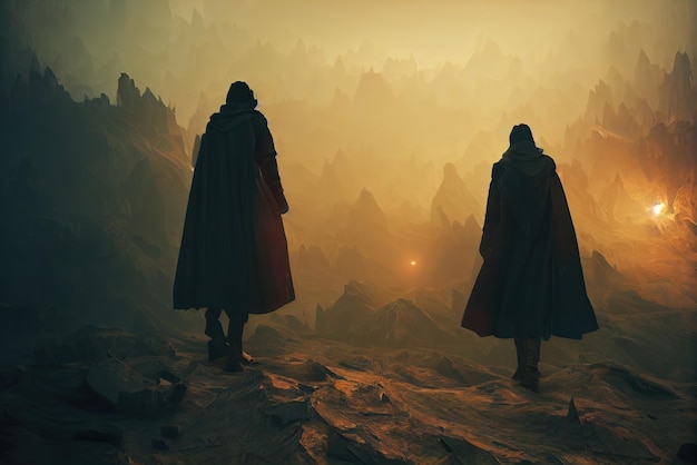 Two assassins are standing near the camp Rear view Concept art Digital painting
