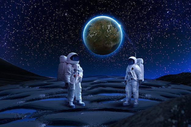 Two astronaut on rock surface with world background The image of astronauts