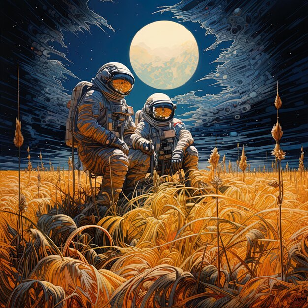 two astronauts are in a field with the moon in the background