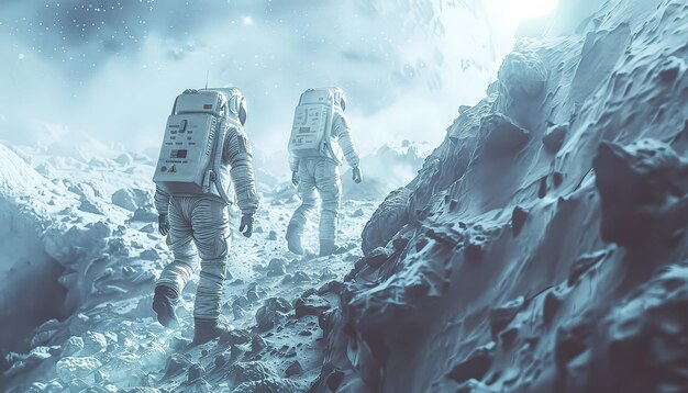 2人の宇宙飛行士が雪の表面を歩いていますそのうちの1人はバックパックを背負っています