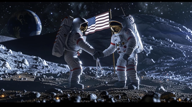 Photo two astronauts exchanging tools on the moons surface with a flag in the background emphasizing teamwork and collaboration moon landing