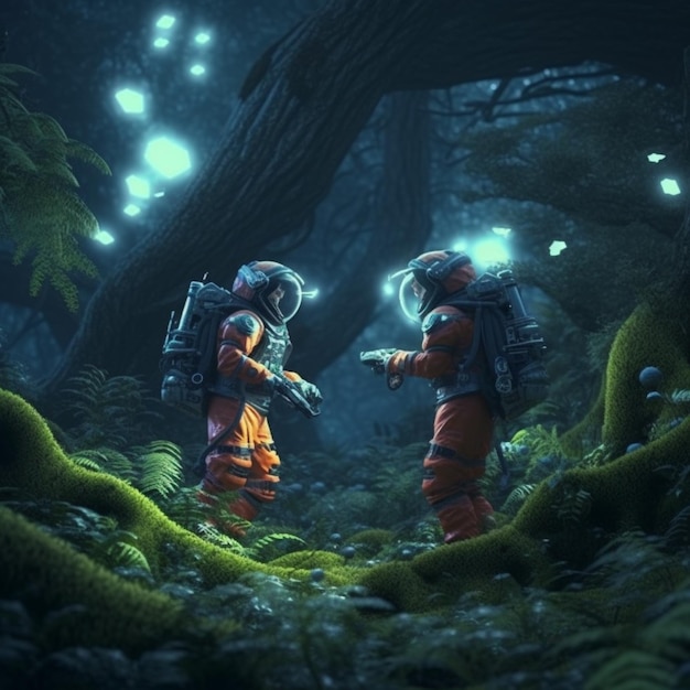 Two astronauts in a forest with a blue light in the background