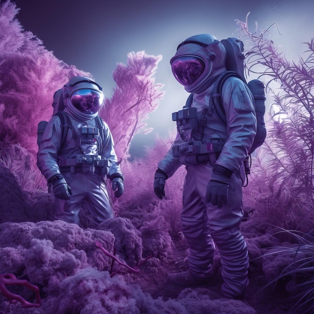 Photo two astronauts in a forest