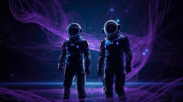 Two astronauts in front of a purple background