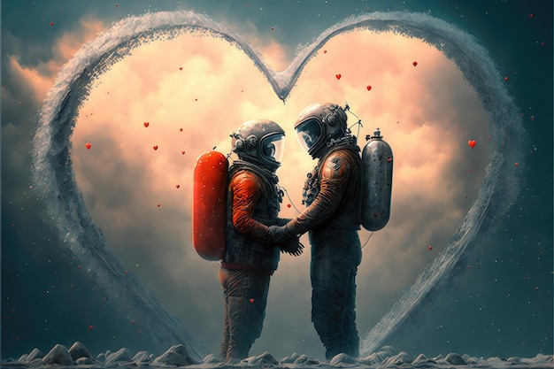 Two astronauts looking at each other with a heart made of clouds in the background Love concept Generative AI