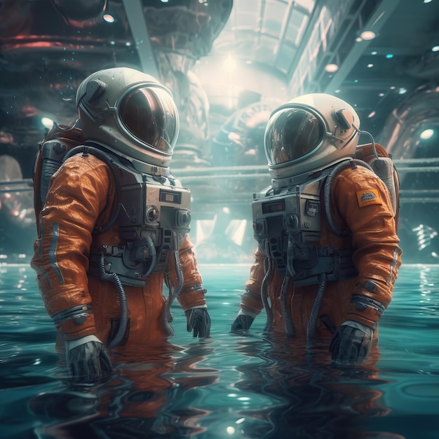 Two astronauts in orange suits standing in water