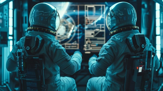 Photo two astronauts sit side by side focused on a holographic display that showcases detailed schematics