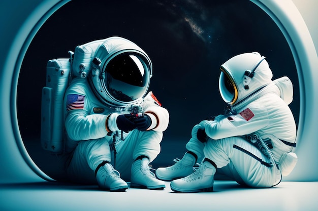 Two astronauts sit on a surface with one wearing a white helmet