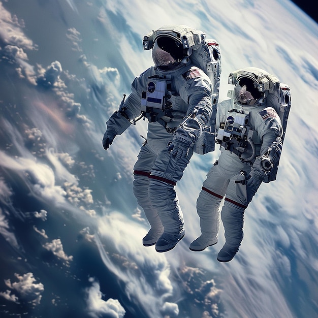 Два астронавта в космосе, один из которых носит номер 9