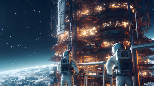 사진 두 명의 우주비행사가 발코니에 서서 배경에 행성이 있는 대형 구조물을 바라보고 있습니다.