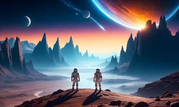 Two astronauts standing on an alien planet surface looking at a bright starburst in the sky