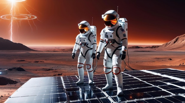 Photo two astronauts standing on a solar panel