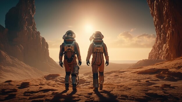 Two astronauts walk on a planet with a sunset in the background.