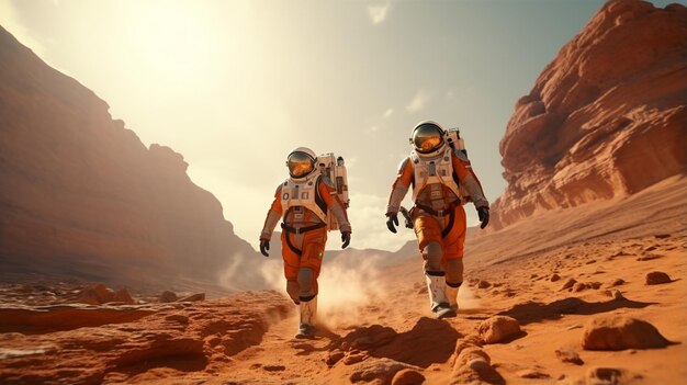 Two astronauts walking in the desert with rocks and sand generative ai