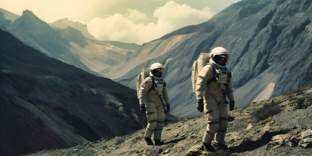 Two astronauts walking on the trail in front of a mountaintop