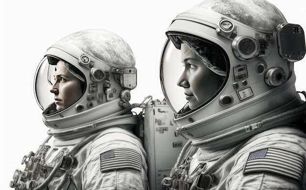 Two astronauts in white suits, one of which says nasa.