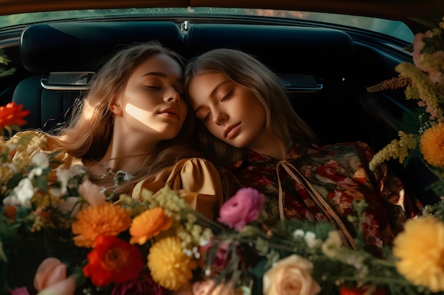 Две привлекательные блондинки, молодые взрослые женщины на заднем сиденье дорогостоящей машины с цветами.