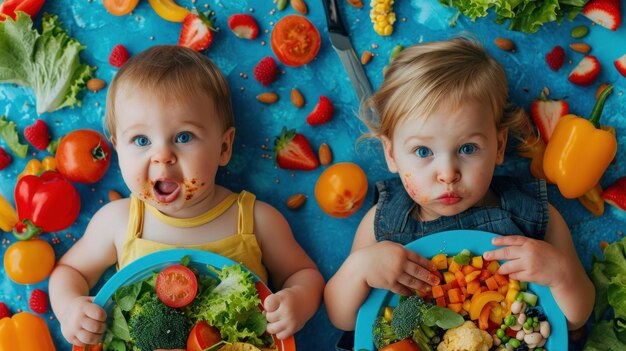 Фото Двое детей держат тарелки с овощами и фруктами.