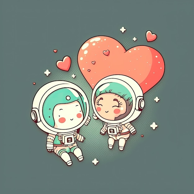 2 人の赤ちゃん宇宙飛行士が一緒に宇宙を漂い、色付きの背景にハート型の風船をつかんでいる Generative AI