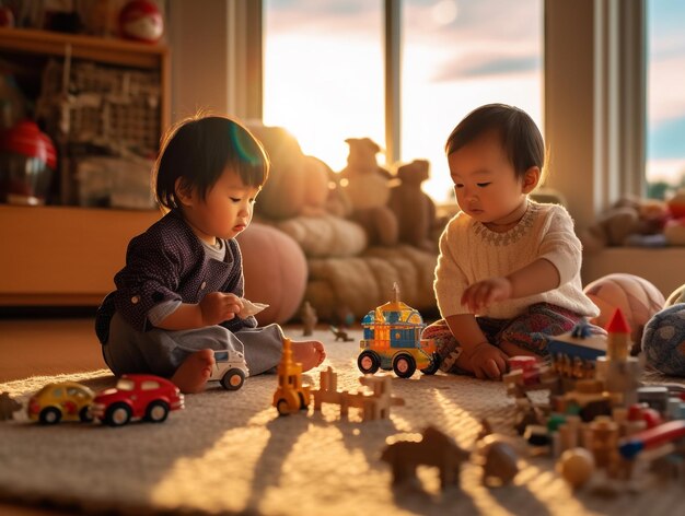 Two babies playing with toys on the floor