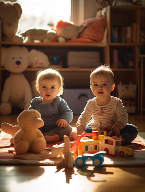 Two babies playing with toys in a room with a shelf full of toys.