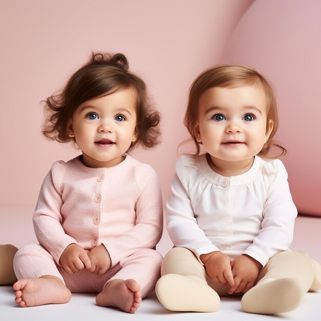Photo two babies sitting on the floor with their feet crossed