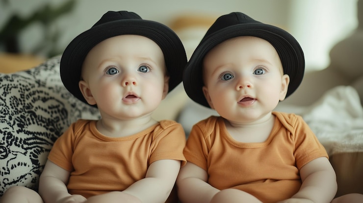 Photo two babies wearing hats that say baby on them