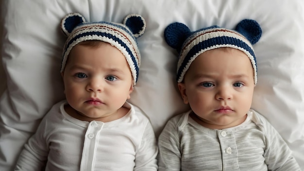 Photo two babies wearing hats with the word quot crocheted quot on them