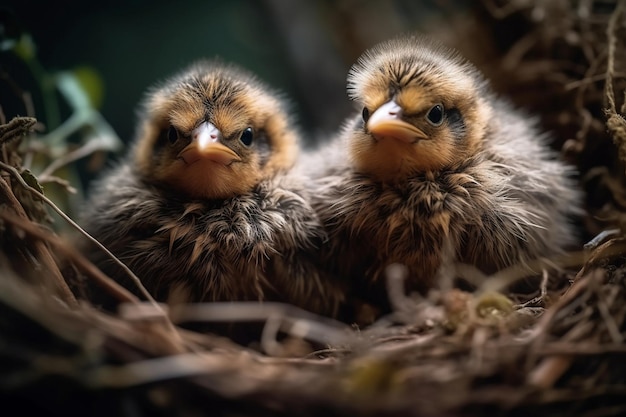 Two baby birds are sitting on a nest