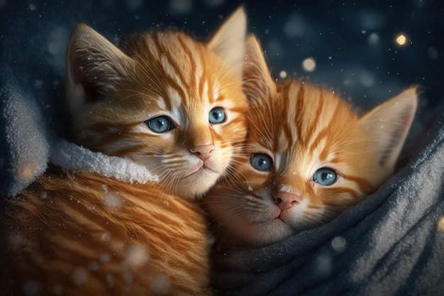 Two baby cats cubs cuddle together in winter time Generative AI