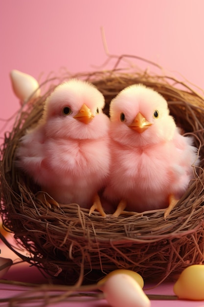 Photo two baby chicks sitting in a nest made of twigs and straw