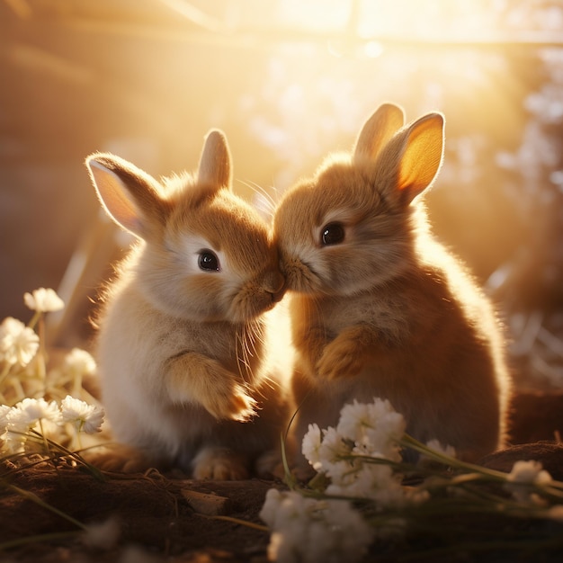 two baby rabbits kissing