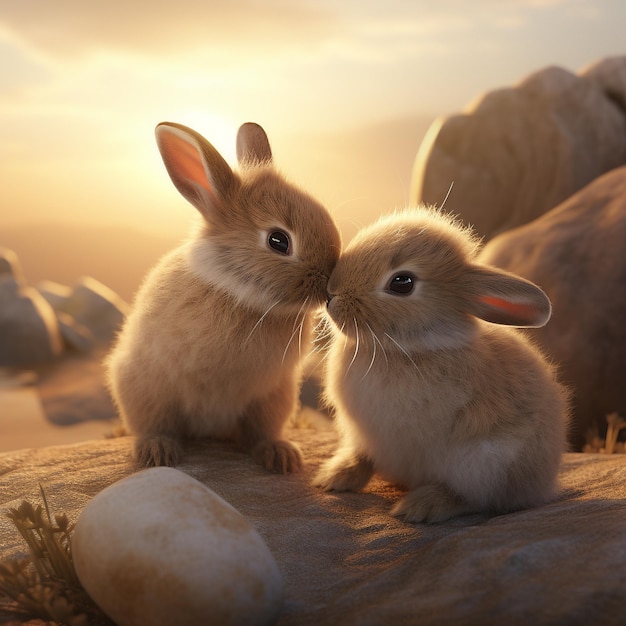 two baby rabbits kissing