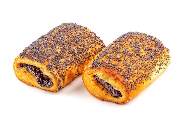 Two bagels with a poppy seed filling on a white background