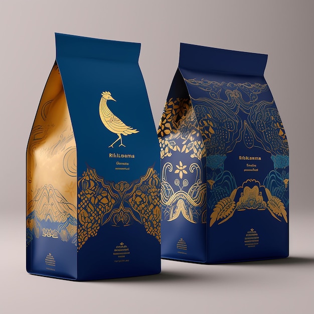 Two bags of coffee with a bird on the front.