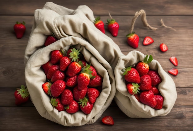 Two bags of strawberries on a wooden table