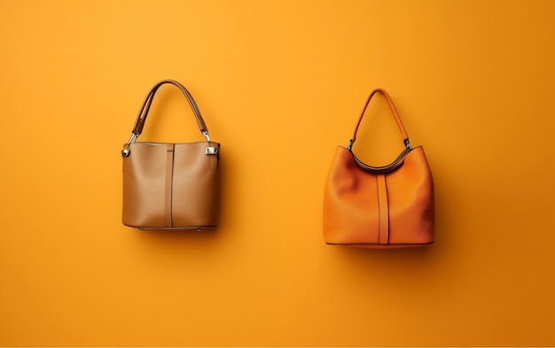 Two bags on a yellow background, one of which is brown and the other is tan.