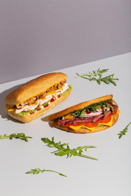 Two baguette sandwiches with chicken salami salad on grey hard shadow high quality photo