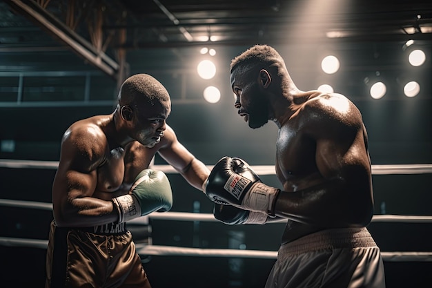 Two balck boxers sparring in the ring at the boxing ring on dark background with spotlights in the front Generative AI